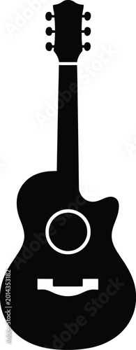 Black silhouette of an acoustic guitar with a cutaway body, featuring a neck, headstock, and sound hole, isolated on a white background, representing music, instruments, and performance