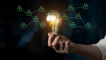 Light Bulb with Digital Security Icons Representing Ideas and Protection in Cybersecurity and Innovation Concepts for Technology Industry Haptic.