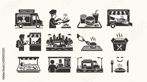 Street Food Icons Collection Diverse Food Truck and Stall Illustrations