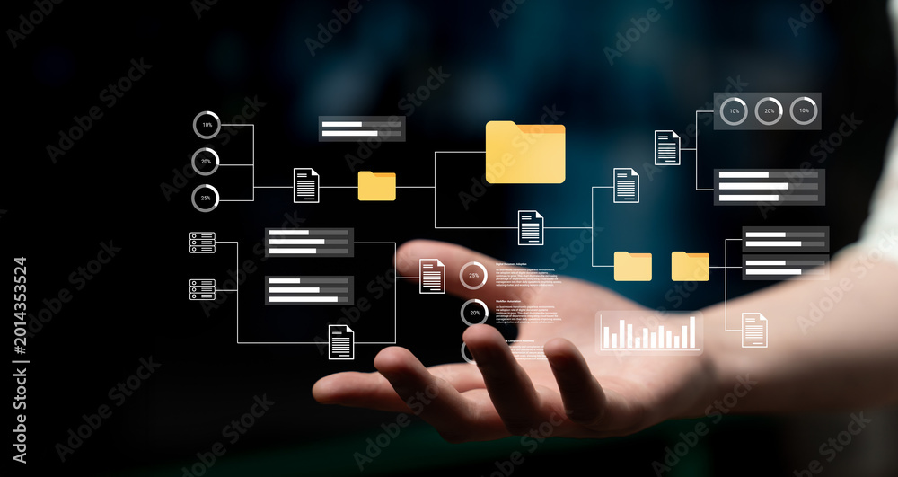 Foto A hand presents a digital interface showcasing data management concepts with folders, visual analytics, and workflow processes for a modern approach to information organization