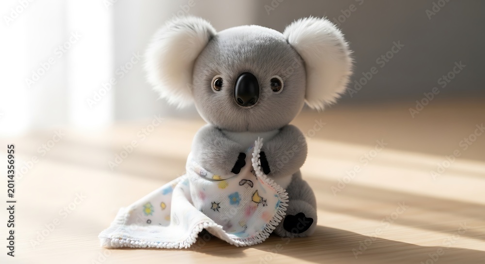 Fototapeta premium Adorable plush koala toy with a patterned blanket, perfect for nursery decor or a child's comforting companion