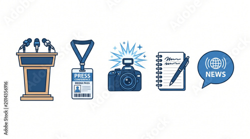 Collection of press and news reporting symbols, including a podium, press pass, camera, notepad, and news icon