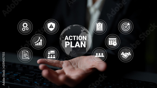Tableau sur toile A business hand showcases an action plan concept surrounded by various icons representing strategy, teamwork, and growth, emphasizing effective management in a competitive landscape