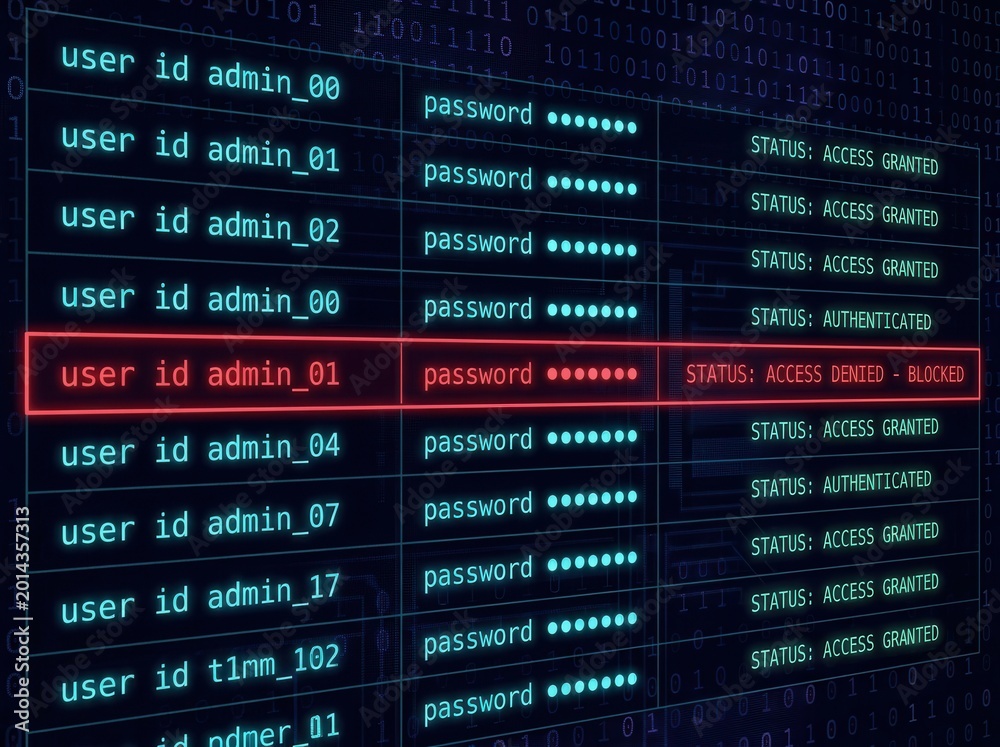 Fototapeta premium Digital security breach with blocked user access on a glowing server log screen