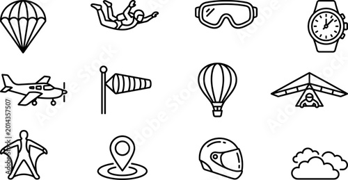 Skydiving icons set featuring parachute goggles watch airplane windsock balloon glider wingsuit helmet cloud