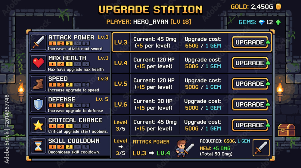 Fototapeta premium Detailed pixel art game interface showcasing character attribute progression through an organized upgrade system with various skill improvements and resource management