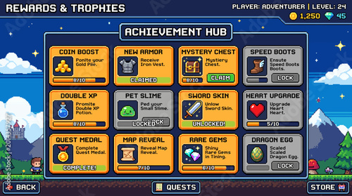 Achievement Hub interface for a video game, displaying a grid of unlockable rewards and trophies