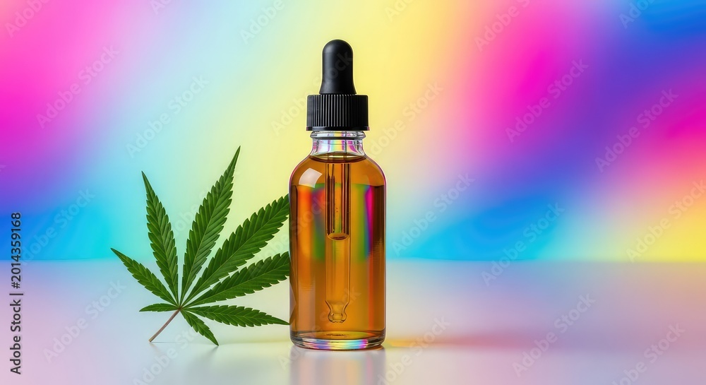 Fototapeta premium Glass dropper bottle with organic herbal extract placed beside a fresh cannabis leaf over a vivid multicolored abstract gradient background, herbal, background, wellness