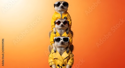 Three cute meerkats stacked vertically wearing yellow jackets and stylish sunglasses on a bright orange background