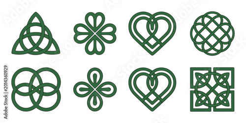 Celtic Knot Icon Vector Set with Green Interlaced Leaf Shapes and Traditional Irish Symbols for Nature Branding