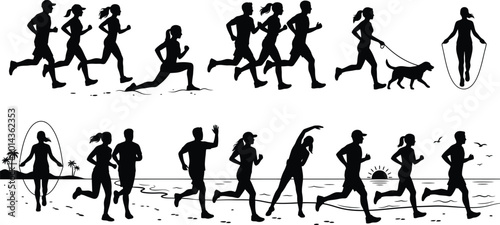 Cuadro en lienzo People jogging and exercising outdoors and indoors isolated on white background,