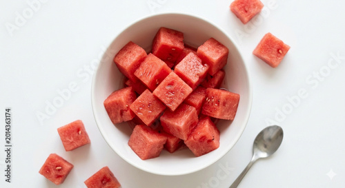 Fresh Watermelon Cubes in Bowl with Spoon on White Background