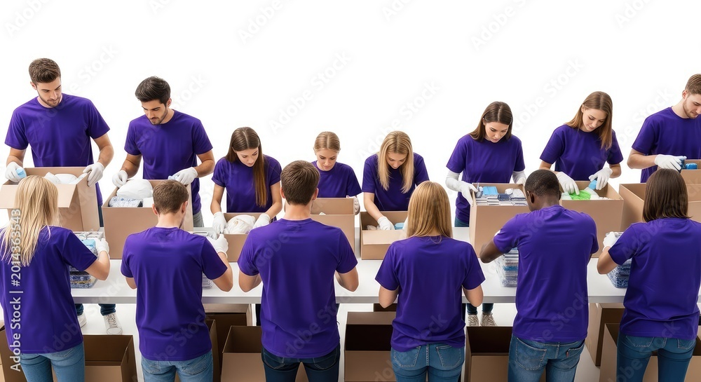 Obraz premium Rows of purple shirts fill the frame during a coordinated charity event focused on sorting and packing essential supplies for donation, collective, help, service