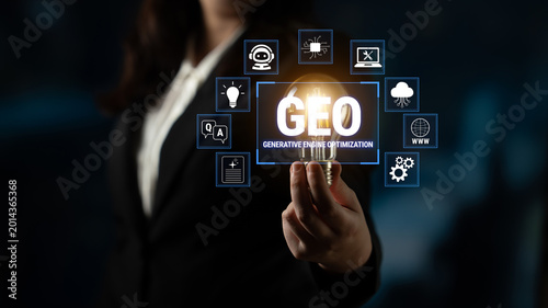 Fotografía Businesswoman Holding Light Bulb Representing Idea of Generative Energy Optimization with Digital Icons and Technology Themes in Background Fluxor