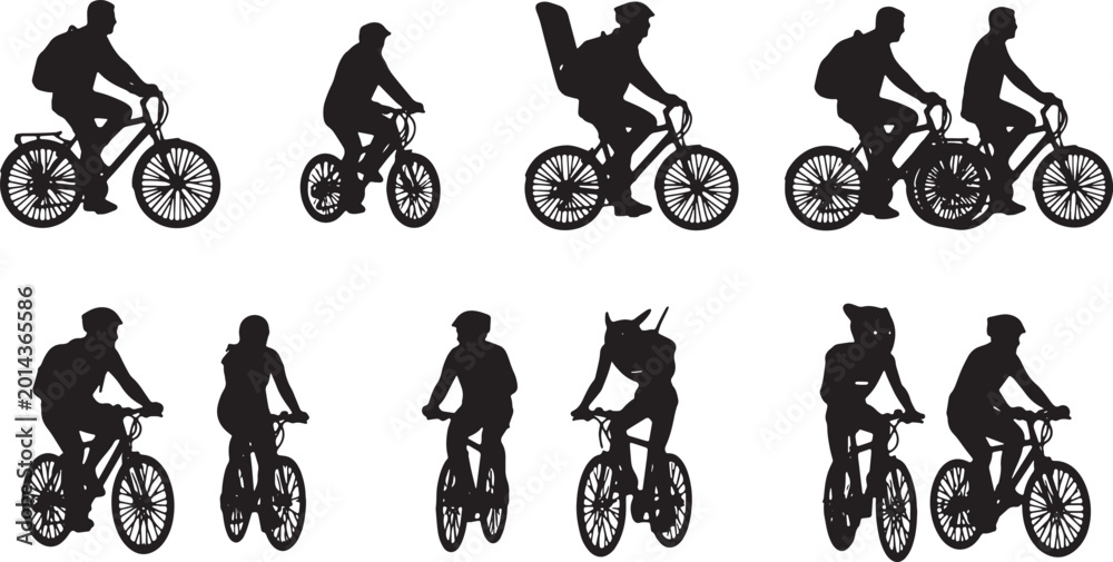 Obraz premium Black Solid Human And Robot Riding Bicycle Silhouettes Set of Six on White Background
