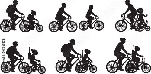 Slika na platnu Black Solid Human And Robot Riding Bicycle Silhouettes Set of Six on White Backg