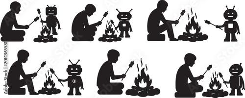 Foto Black Solid Human And Robot Roasting Marshmallow Campfire Silhouettes Set of Six