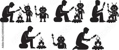 Foto Black Solid Human And Robot Roasting Marshmallow Campfire Silhouettes Set of Six