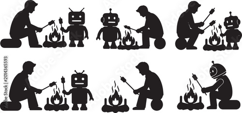 Foto Black Solid Human And Robot Roasting Marshmallow Campfire Silhouettes Set of Six