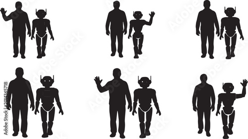 Tableau sur toile Black Solid Human And Robot Waving Goodbye Silhouettes Set of Six on White Backg