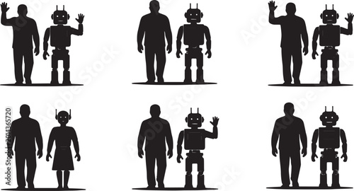 Bild auf Leinwand Black Solid Human And Robot Waving Goodbye Silhouettes Set of Six on White Backg