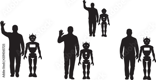 Black Solid Human And Robot Waving Goodbye Silhouettes Set of Six on White Background