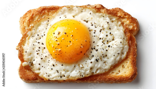 Top view shot of fried egg on toasted bread slice isolated against white background. Simple breakfast meal ready to eat. Fresh cooked food with black pepper