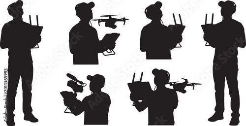 Fotografija Black Solid Drone Operator Tablet Controller Silhouettes Set of Six on White Bac