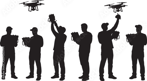Fotografija Black Solid Drone Operator Tablet Controller Silhouettes Set of Six on White Bac