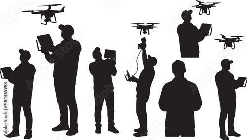 Fotografija Black Solid Drone Operator Tablet Controller Silhouettes Set of Six on White Bac