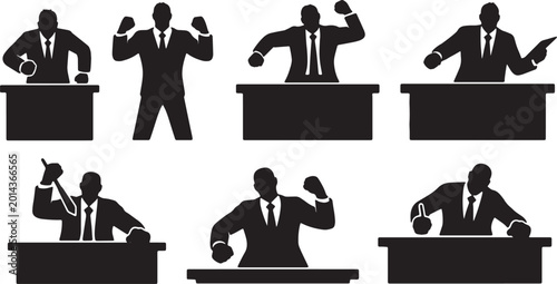 Bild auf Leinwand Black Solid Powerful Executive Slamming Desk Silhouettes Set of Six on White Bac