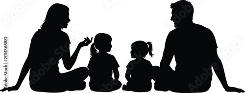 Silhouette of parents sitting with two children communicating and bonding together symbolizing love, family unity, and connection