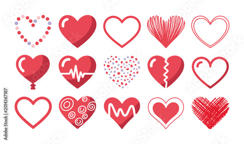 Collection of red heart shapes and symbols
