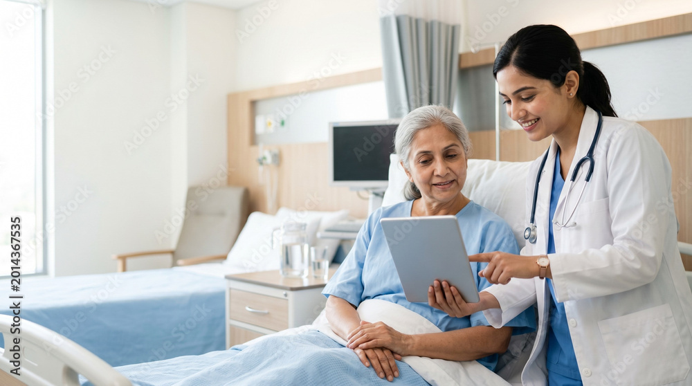 Fototapeta premium professional indian female doctor assisting senior woman patient with tablet in modern hospital room for digital healthcare and patient support concept