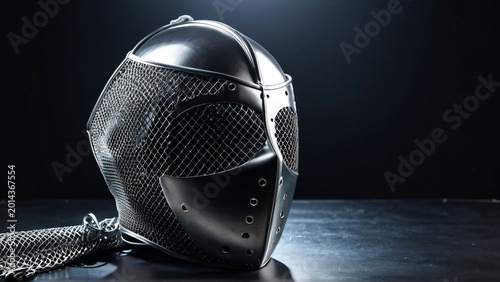Fencing Mask and Foil on Dark Surface