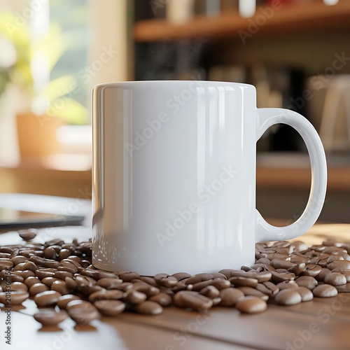 White Ceramic Coffee Mug Mockup on Wooden Table with Coffee Beans
