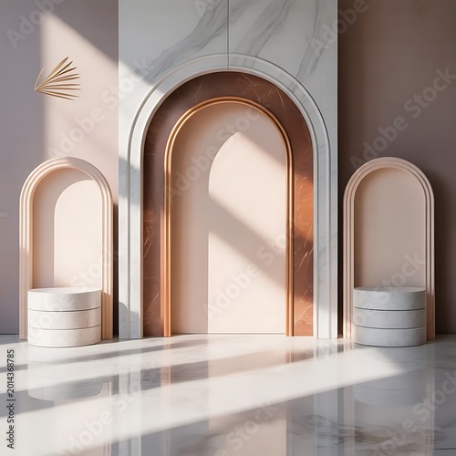 Modern Minimalist Interior with Marble Arches and Geometric Podiums, Luxury 3D Render of Arched Doorways with Warm Sunlight and Shadow Play