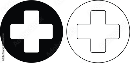 Medical plus sign icon set, collection and group of healthcare, hospital and emergency cross symbols in black flat and line style vector illustration design