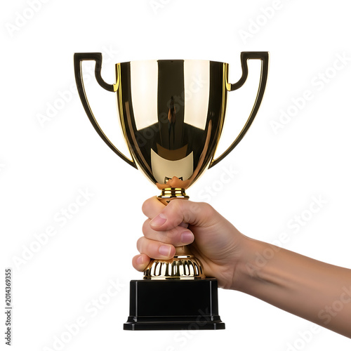 Cuadro en lienzo Hand holding golden trophy cup for victory award.