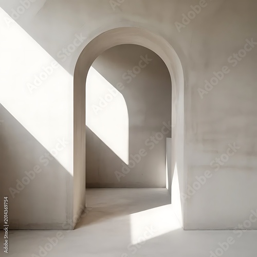 Minimalist Arched Doorway Interior with Natural Sunlight and Dramatic Shadows