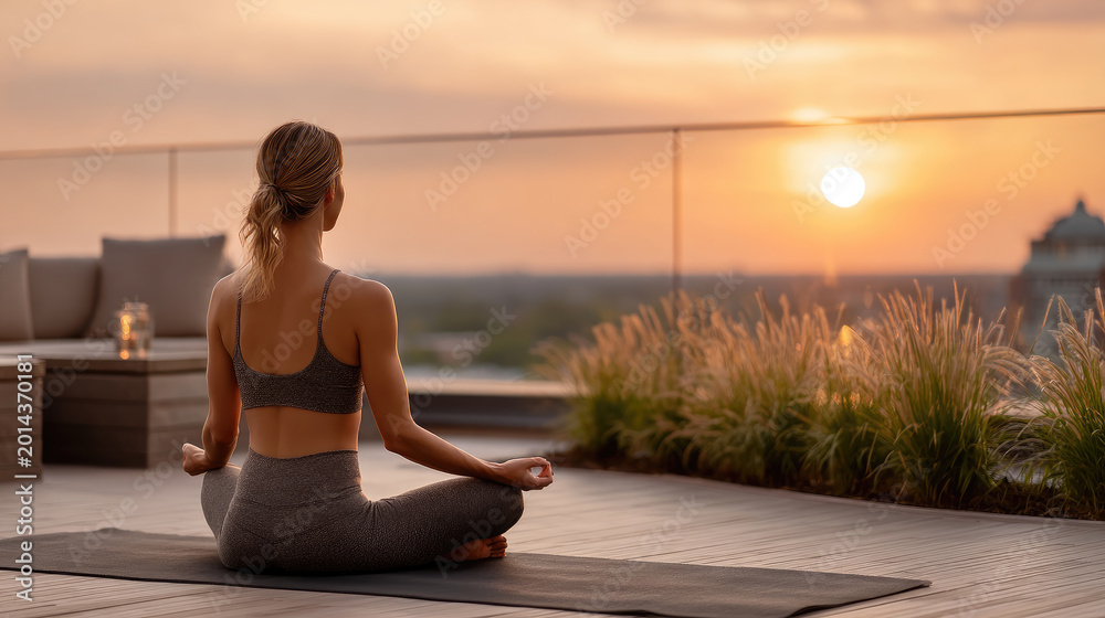 Fototapeta premium Woman meditating on a rooftop during sunrise, practicing yoga for wellness and relaxation, embracing mindfulness and a healthy lifestyle with a tranquil city panorama background