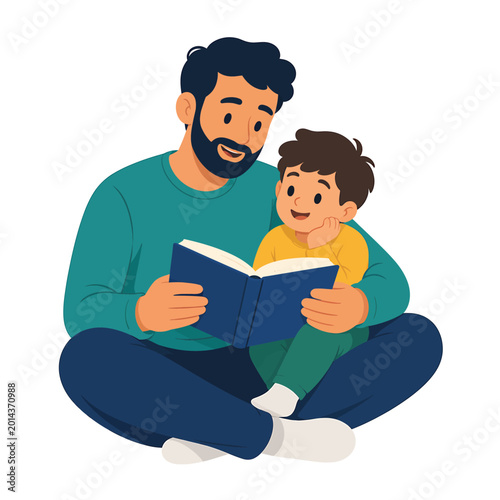 A smiling mother and father sit with their young son for an educational reading session in this family learning vector illustration of a child student and woman studying a book