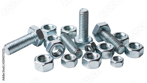 Foto Isolated collection of shiny metal bolts and nuts, industrial hardware fasteners