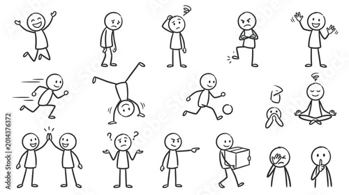 Foto Collection of Stick Figure Characters Depicting Various Actions, Activities, and