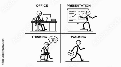 Vászonkép Stick figure businessman engaging in office work, delivering a presentation, deep in thought, and walking with a briefcase, in a bright studio