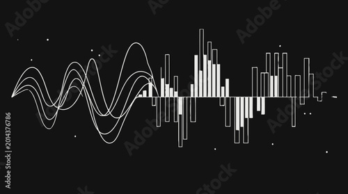 Bild auf Leinwand White Sound Wave Lines and Vertical Bars on Dark Background, Modern Digital Audio Visualization