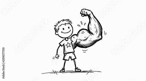 Fotografie Happy young boy stick figure with one comically oversized muscular arm, smiling playfully in a bright studio background, showing surprising strength
