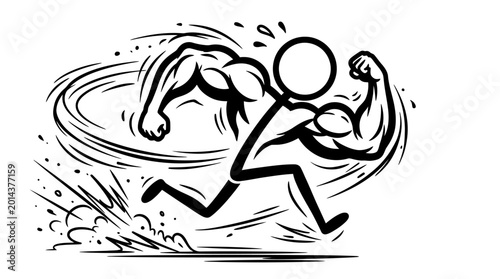 Quadro em tela Vigorous stick figure athlete with powerful biceps, running with speed and determination in a bright studio background, conveying strength and agility