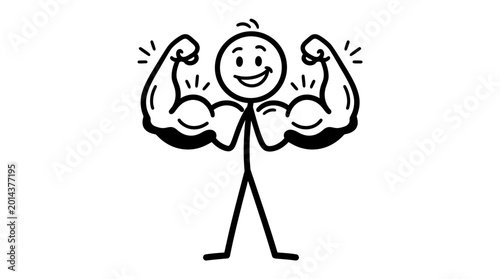 Tableau sur toile Smiling stick figure character proudly flexing both strong, muscular arms, conveying happiness and personal strength on an isolated white background