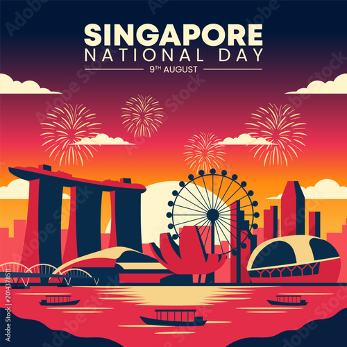 Singapore National Day 9th August event with buildings and fireworks in the skyline of City Park